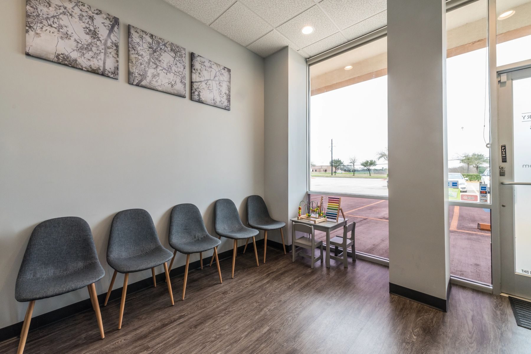 Bright waiting room with large windows
